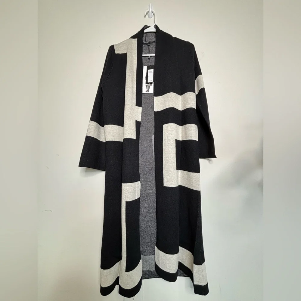 BN9 Vertigo Colorblock Long Cardigan Open Knit Black XS NWT‎